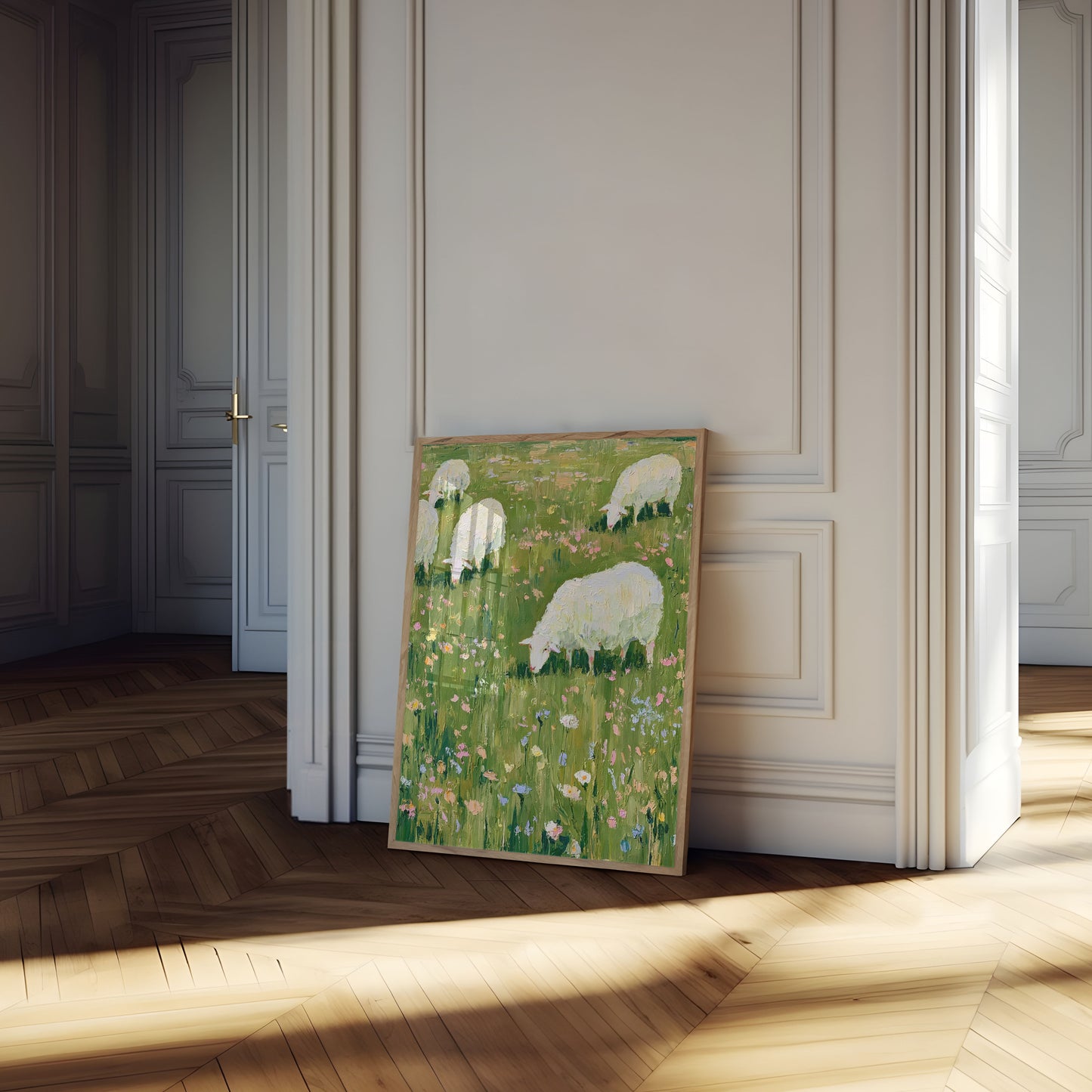 Plakát: Pasoucí se ovce na louce plné květin