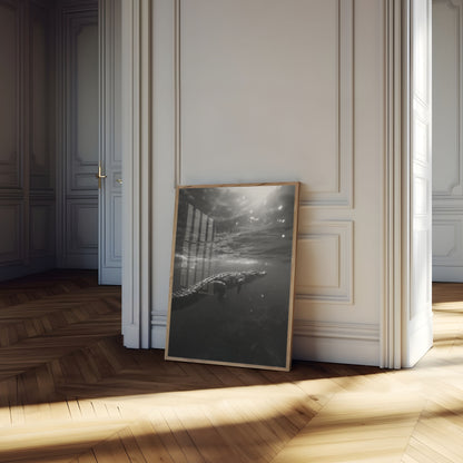 Póster en escala de grises de un depredador submarino