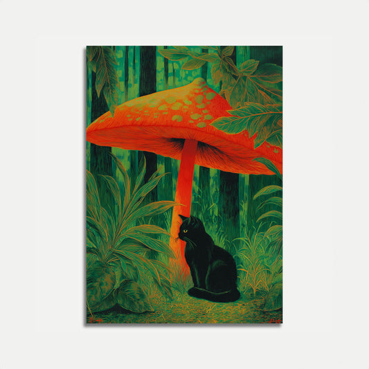 Affiche Chat Noir Sous un Champignon Rouge