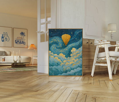 Hot Air Balloon Starry Night Poster