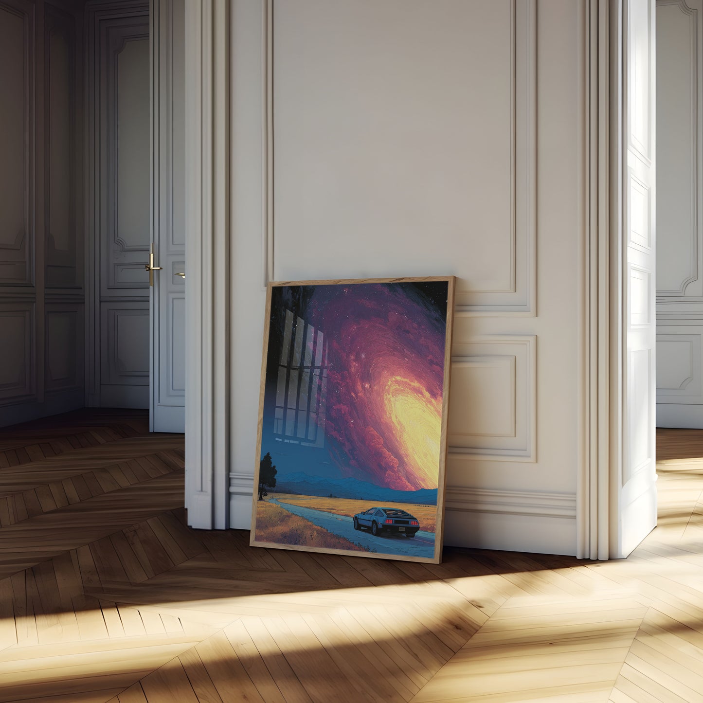 Plakat Retro Samochód i Kosmiczne Niebo