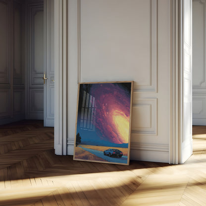 Plakat Retro Samochód i Kosmiczne Niebo