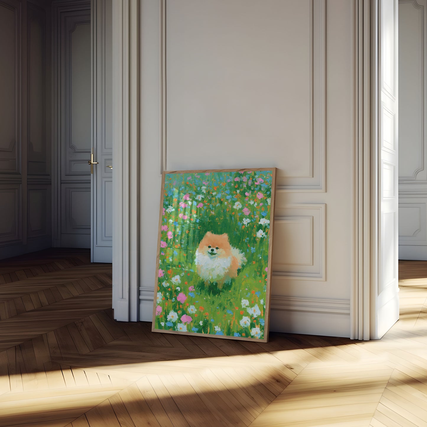 Plakat: Pomeranian na łące z dzikimi kwiatami