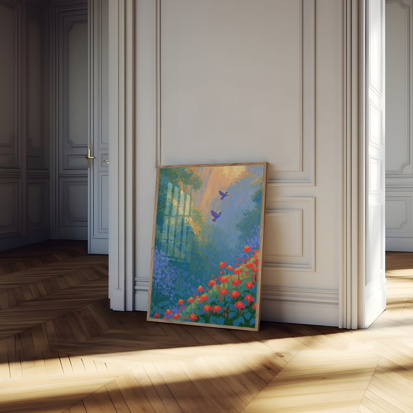 Kolibrier i blomstrende have plakat