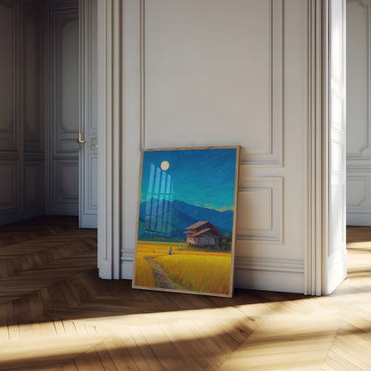 Poster Paesaggio Montano con Casa Colonica al Chiaro di Luna
