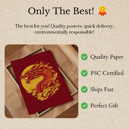 Póster del atardecer con fuego de dragón feroz