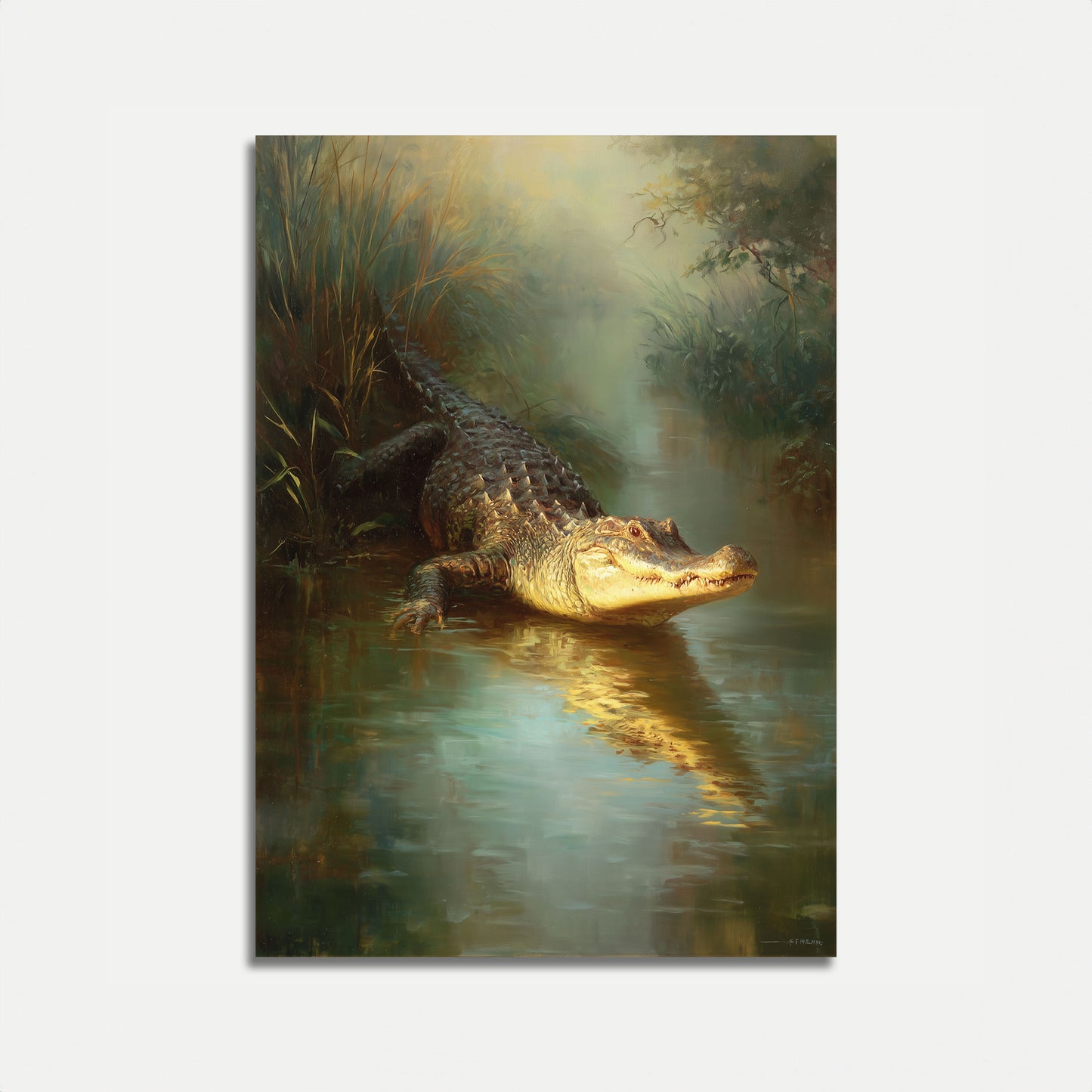 Póster de caimán con luz solar dorada