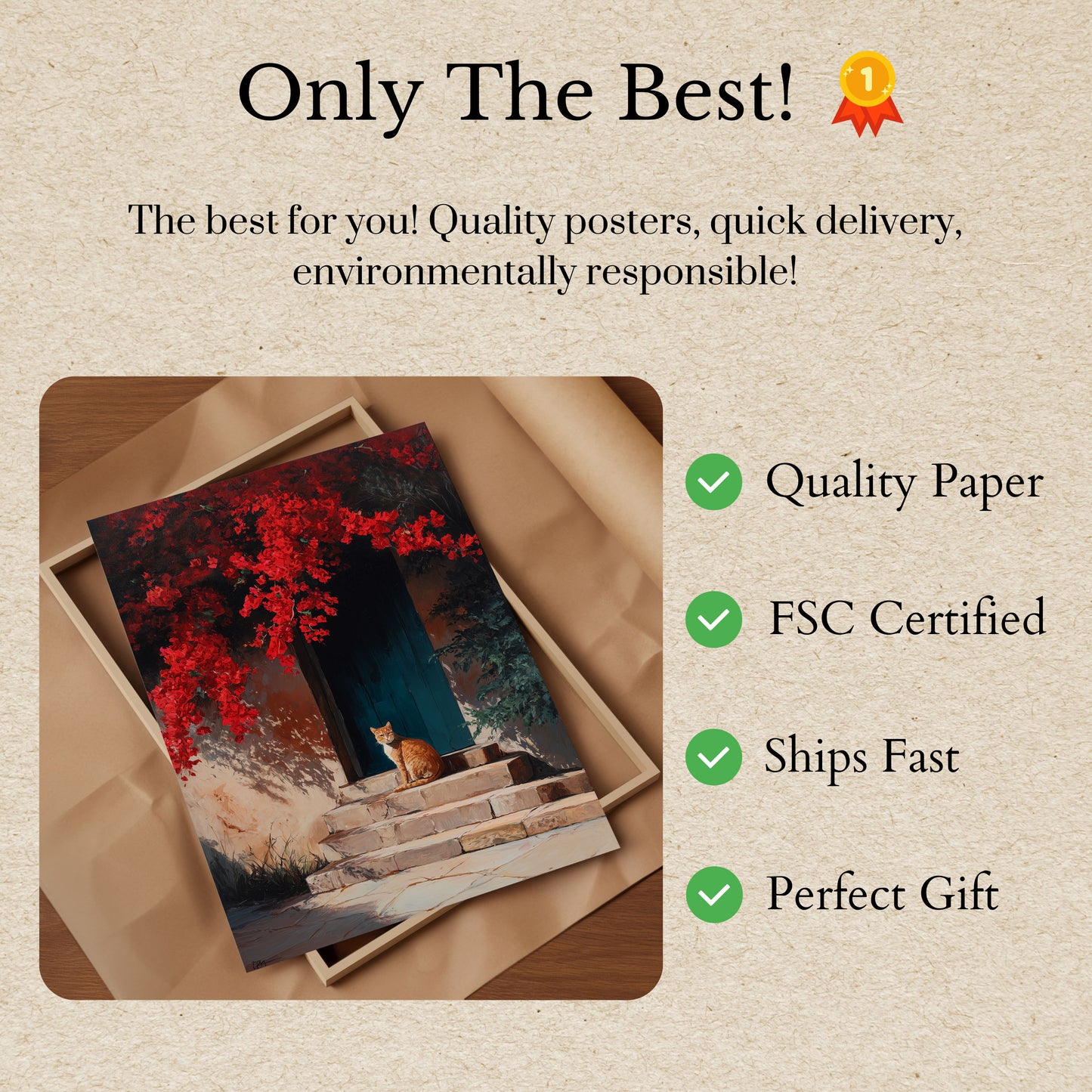 Orange Cat by Red Flowers Poster