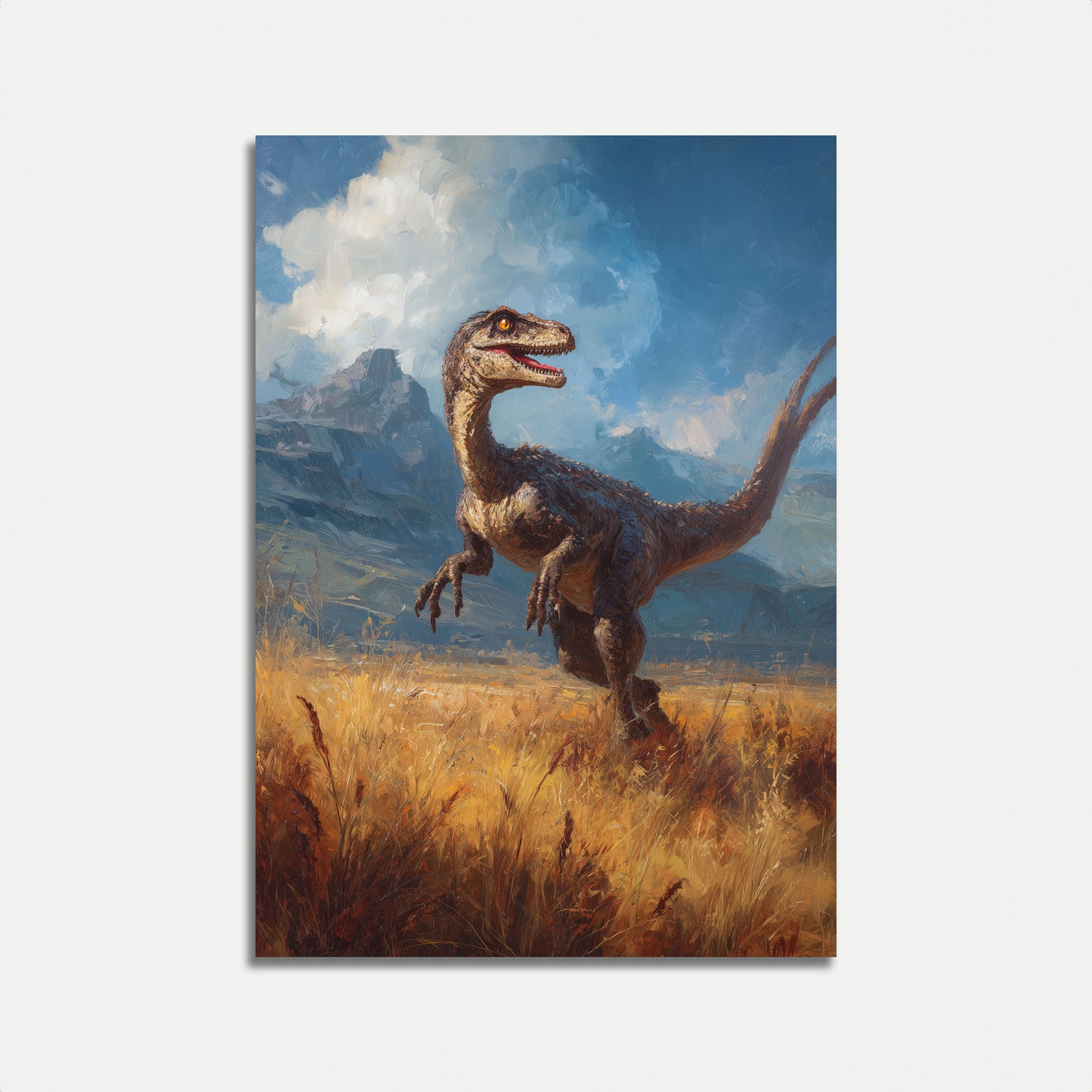 Velociraptor in Golden Grasslands Poster
