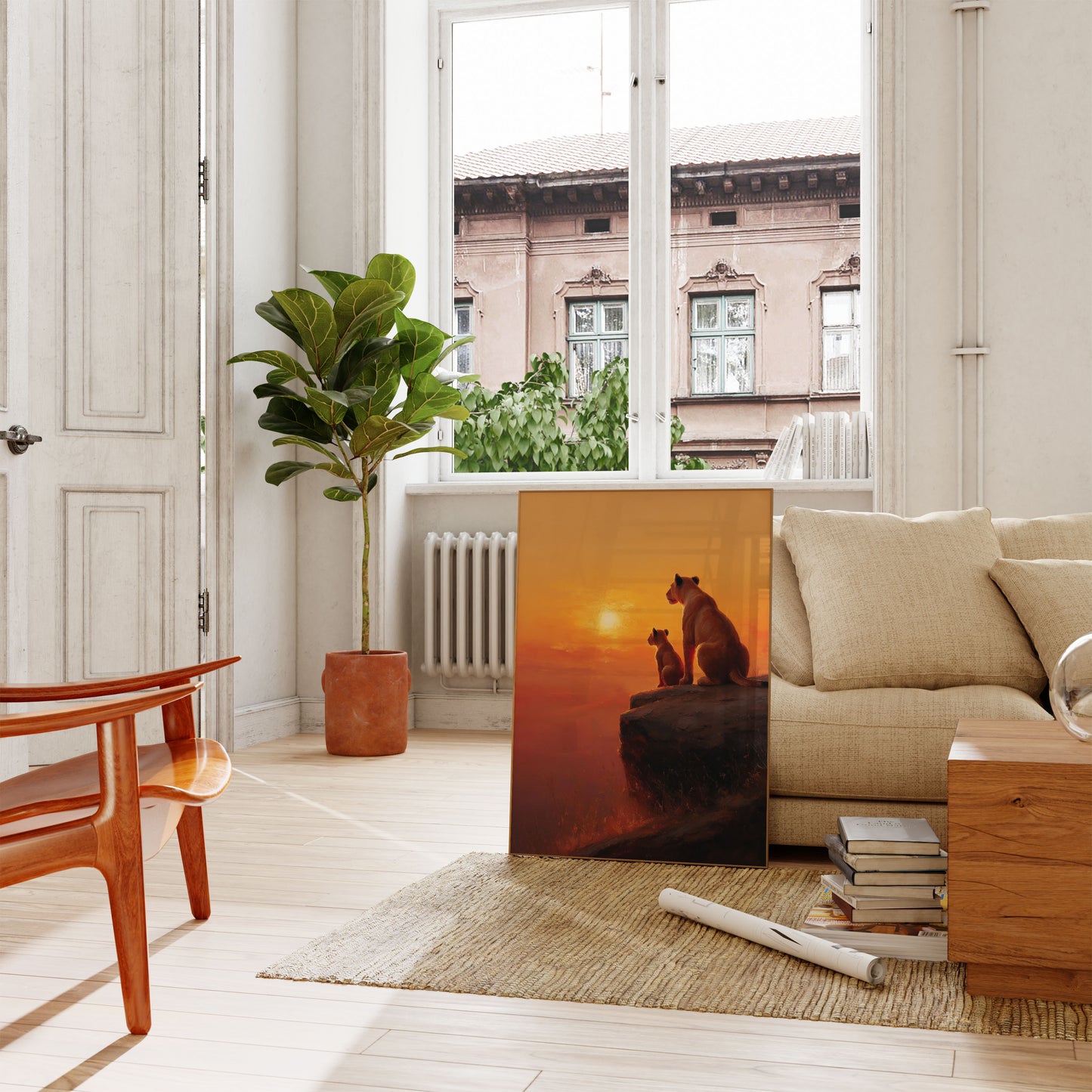 Affiche Silhouette de la Famille de Lions au Coucher de Soleil