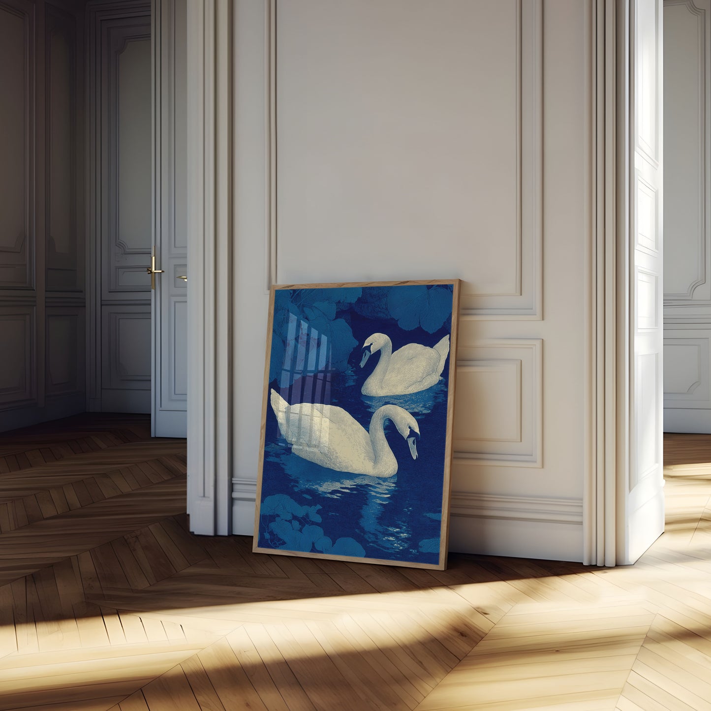Elegant Swans Blue Night Poster