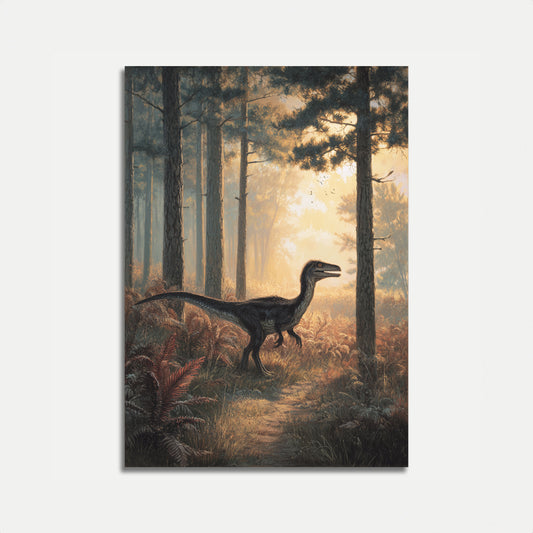 Póster del amanecer en el bosque de Velociraptor