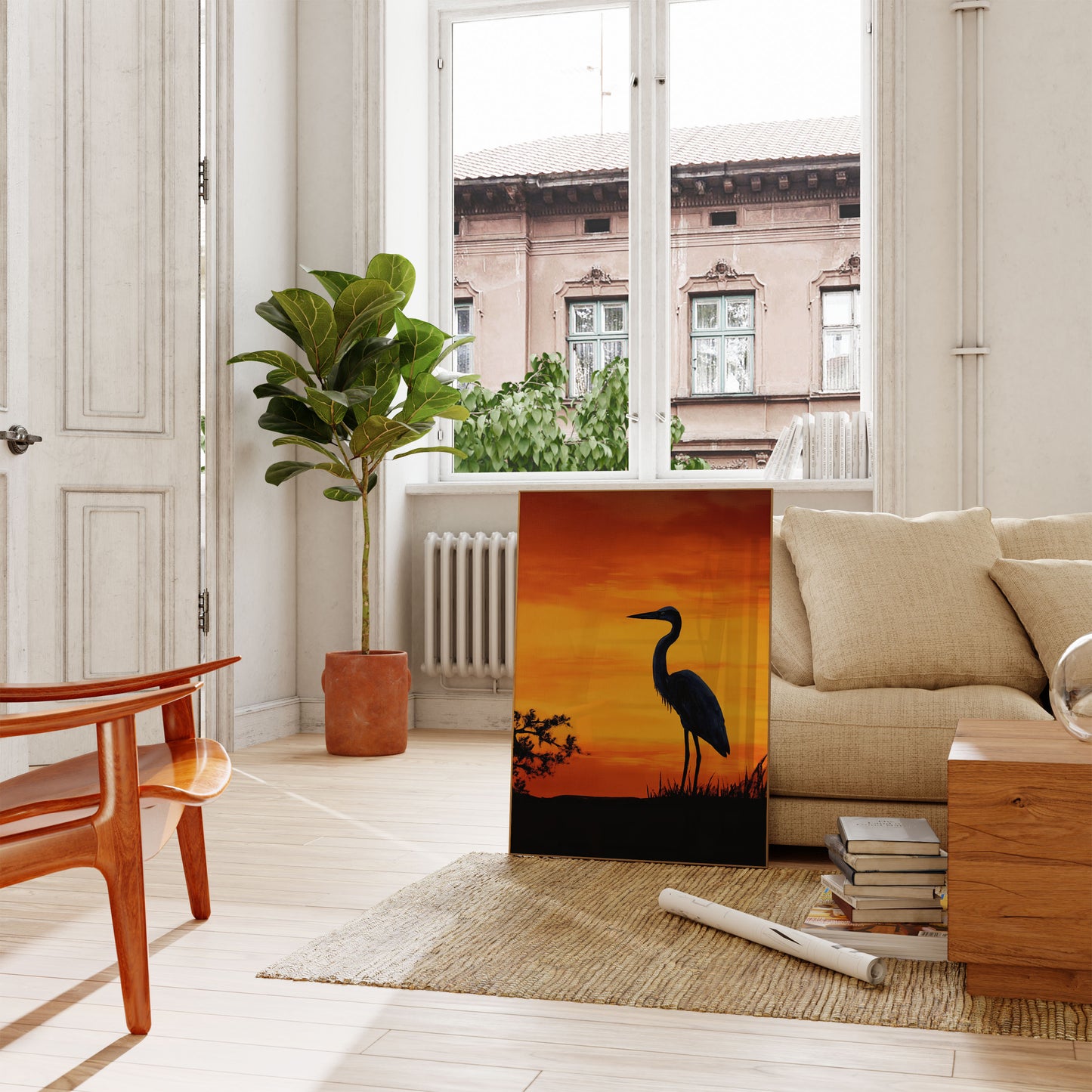 Solnedgangs Hejre Silhuet Plakat