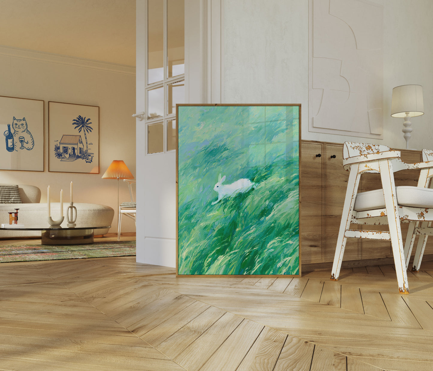 Witte Haas Rent Door Gras Poster