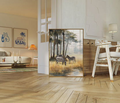 Póster de cebra de la sabana brumosa