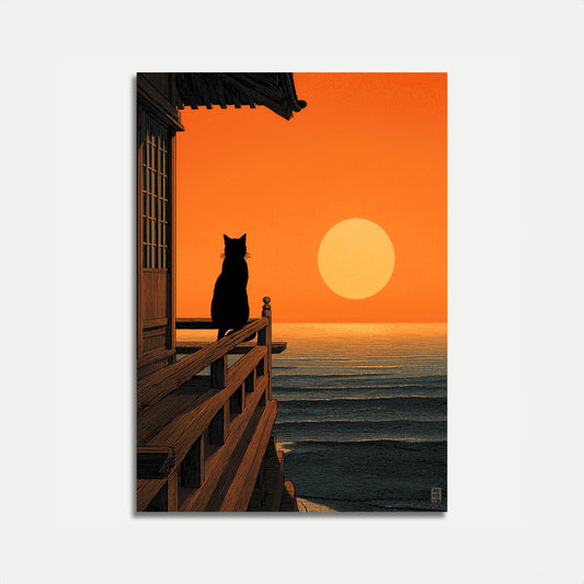 Schwarze Katze Sonnenuntergang Ozean Plakat