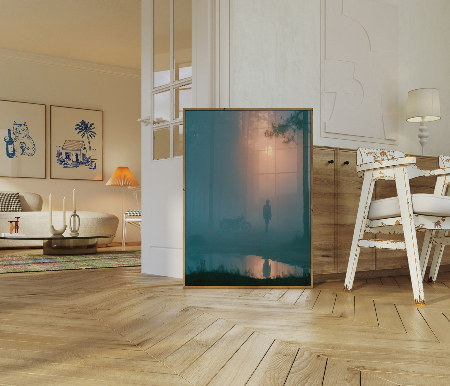 Affiche : Figure solitaire dans une forêt brumeuse