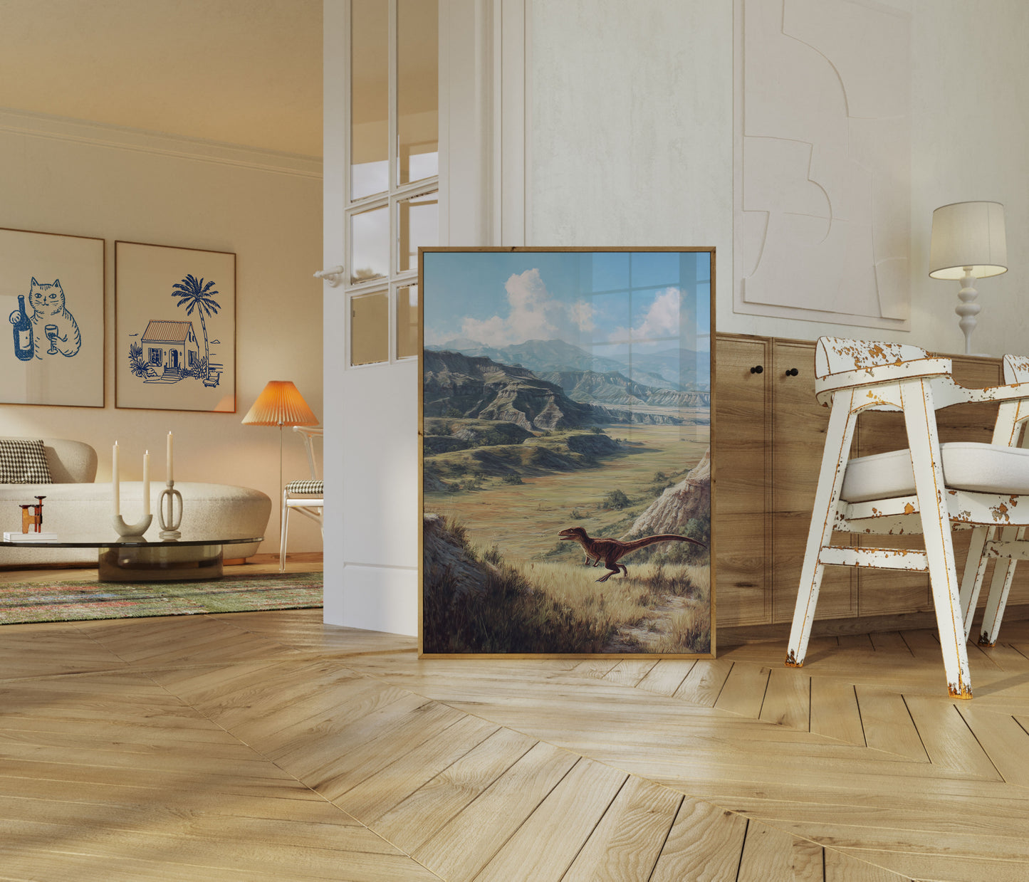 Póster de Velociraptor de paisaje prehistórico