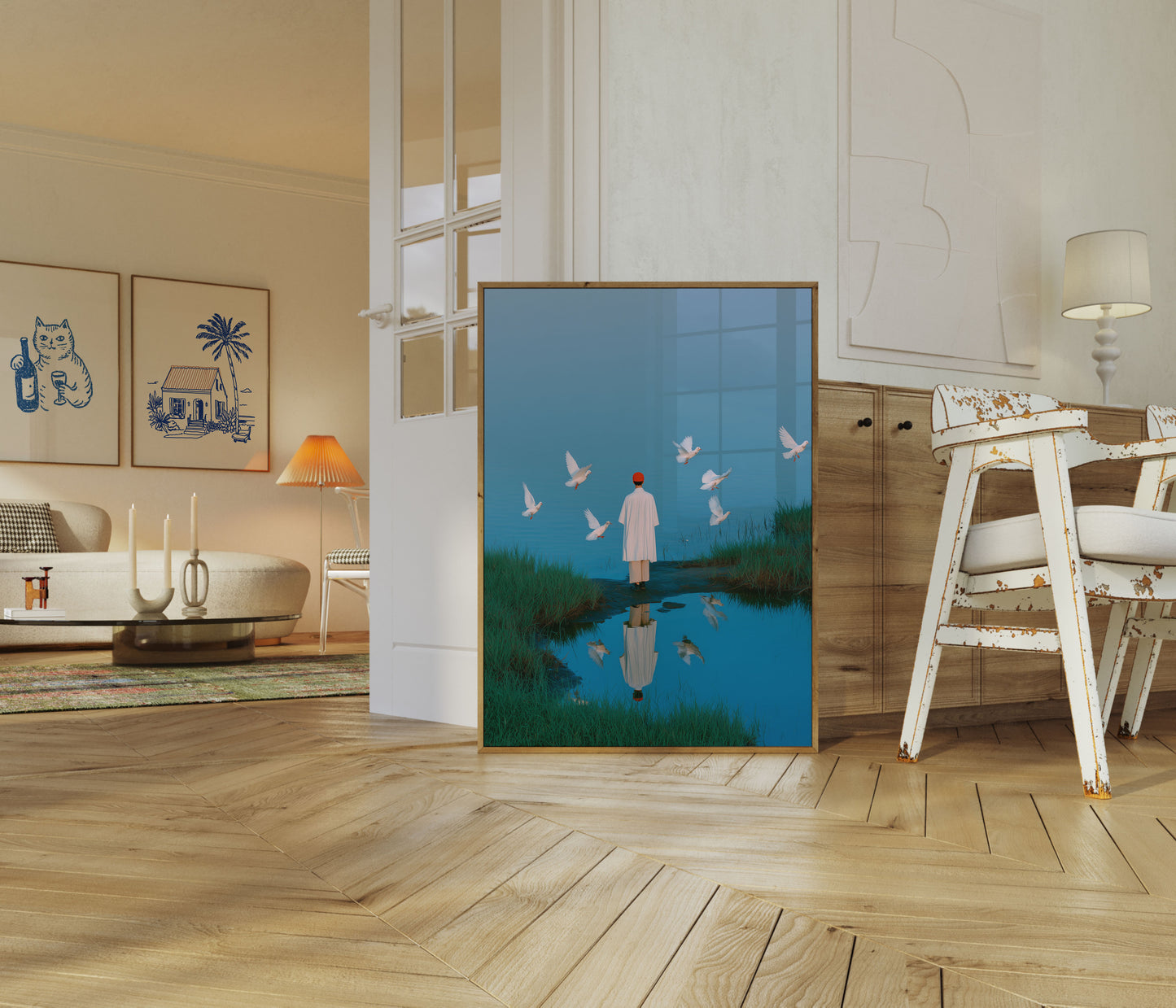Woman with Flying Doves Poster