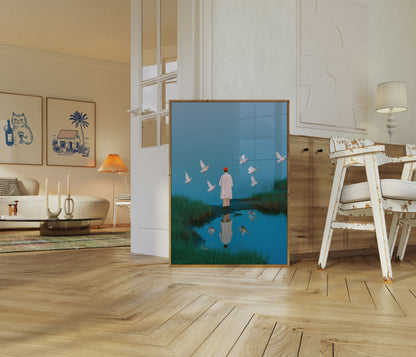 Woman with Flying Doves Poster