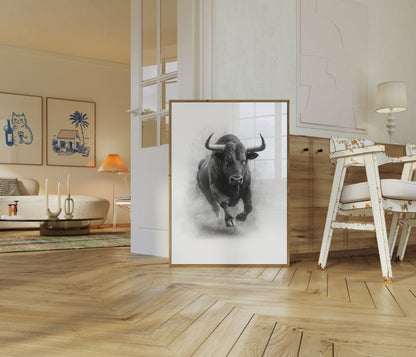 Charging Bull Black and White Poster