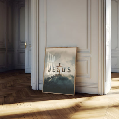 Divine Light in Misty Forest Poster