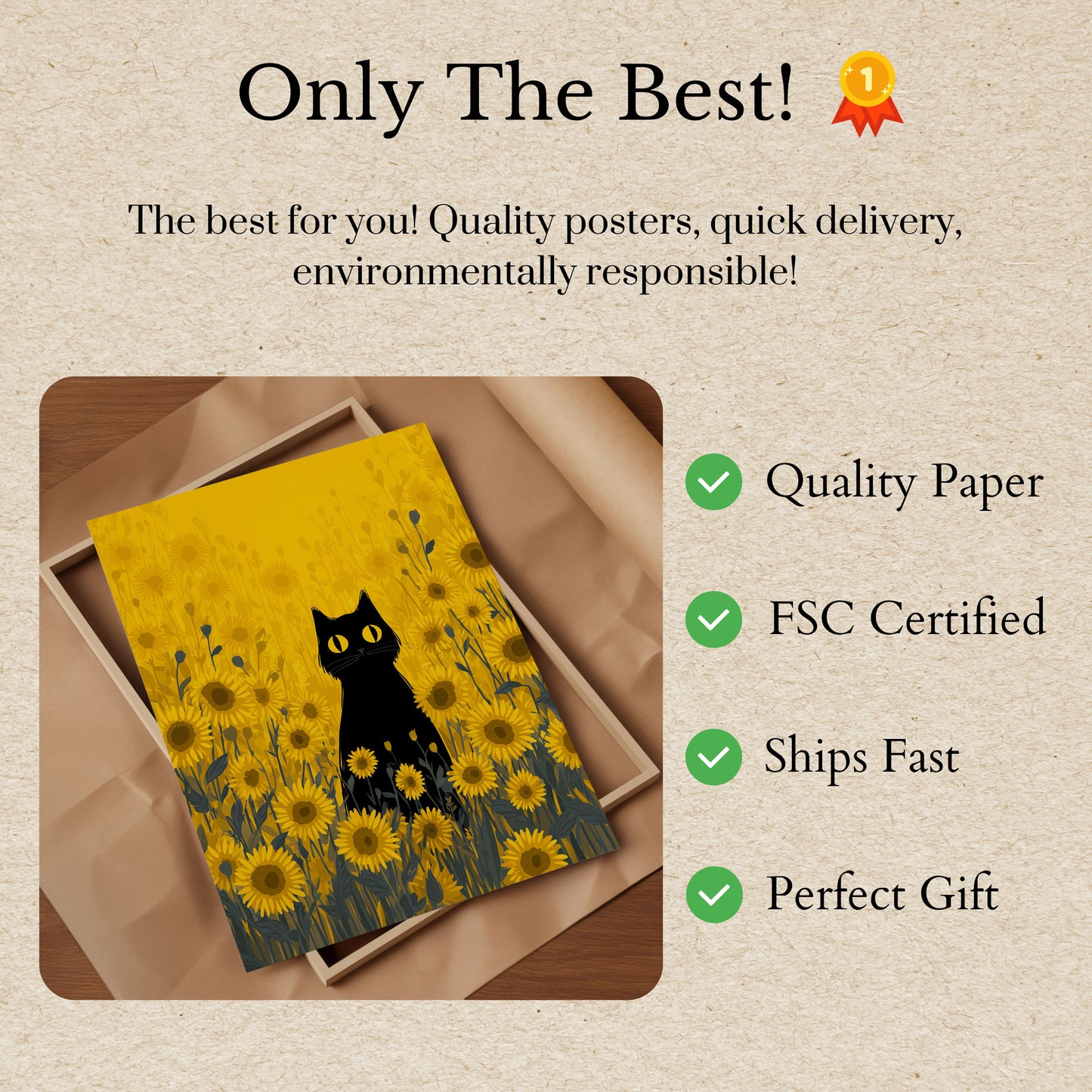 Black Cat in Sunflower Field Poster