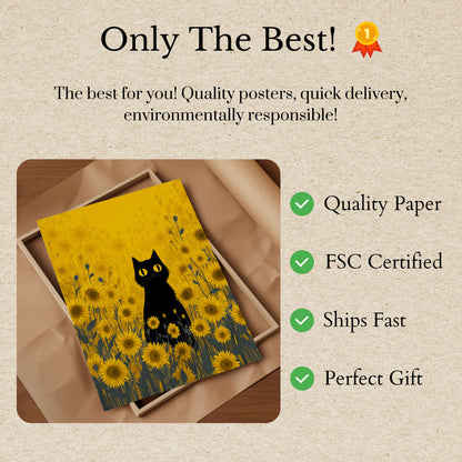 Black Cat in Sunflower Field Poster