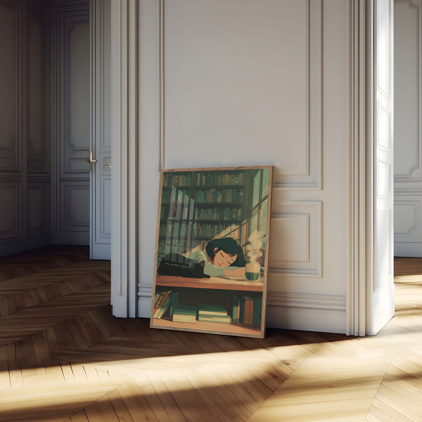 Cozy Library Cat Reading Moment Poster