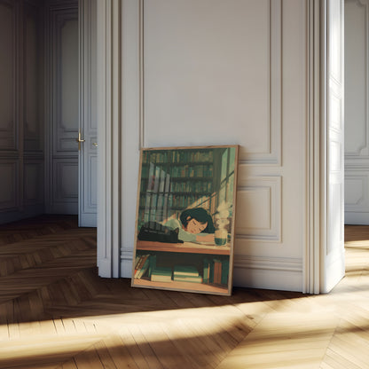 Cozy Library Cat Reading Moment Poster