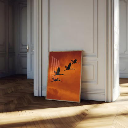 Póster de Grúas Volando al Atardecer