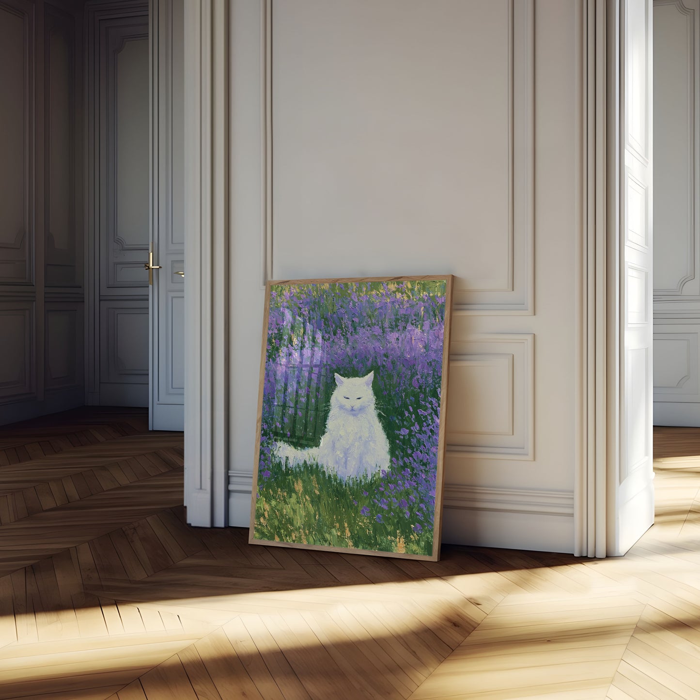 Pôster Gato Branco em Campos de Lavanda