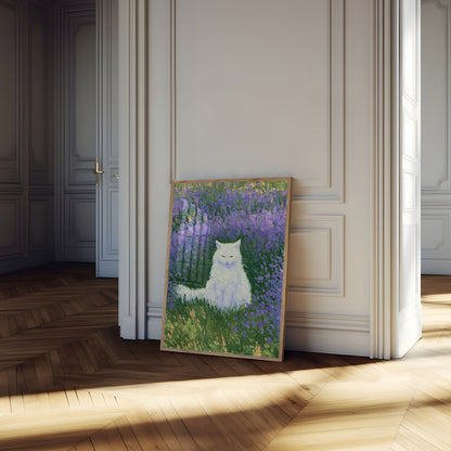 Pôster Gato Branco em Campos de Lavanda