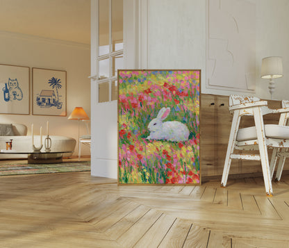 White Rabbit in Flower Field Poster
