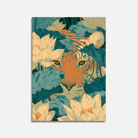 Tiger Among Lotus Flowers Poster