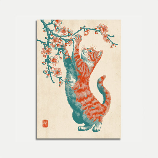 Katze greift nach Kirschblüten Poster