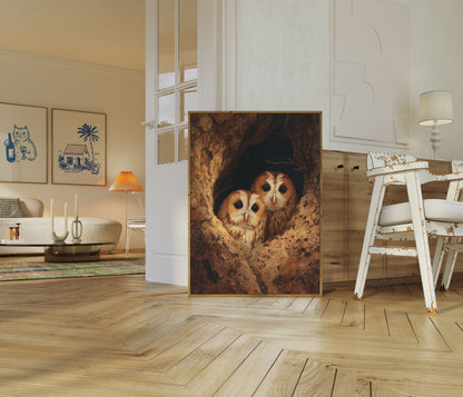 Owls in Hollow Tree Poster