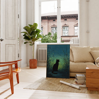 Cat Among Fireflies Night Poster