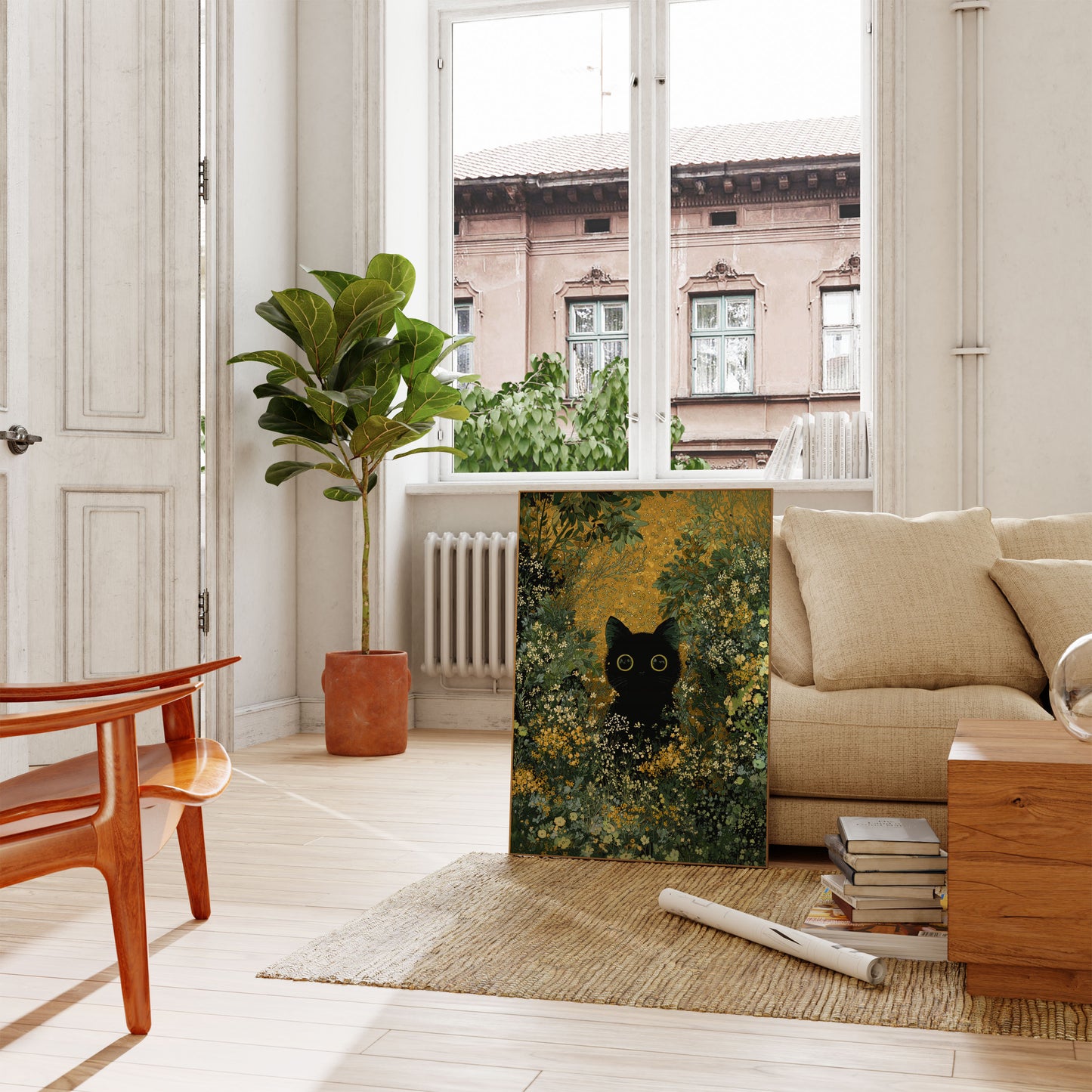 Black Cat in Flower Garden Poster