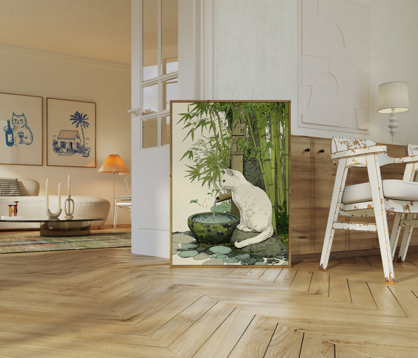 Hvid Kat ved Bambusbæk Plakat
