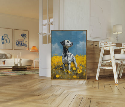 Póster de dálmata en un campo de girasoles