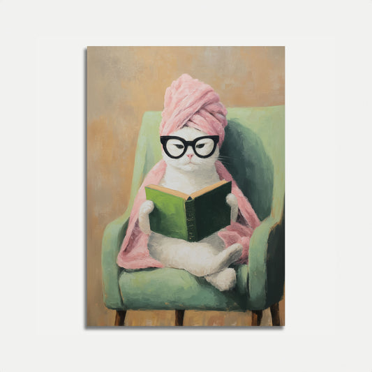 Reading Cat in Pink Towel Poster
