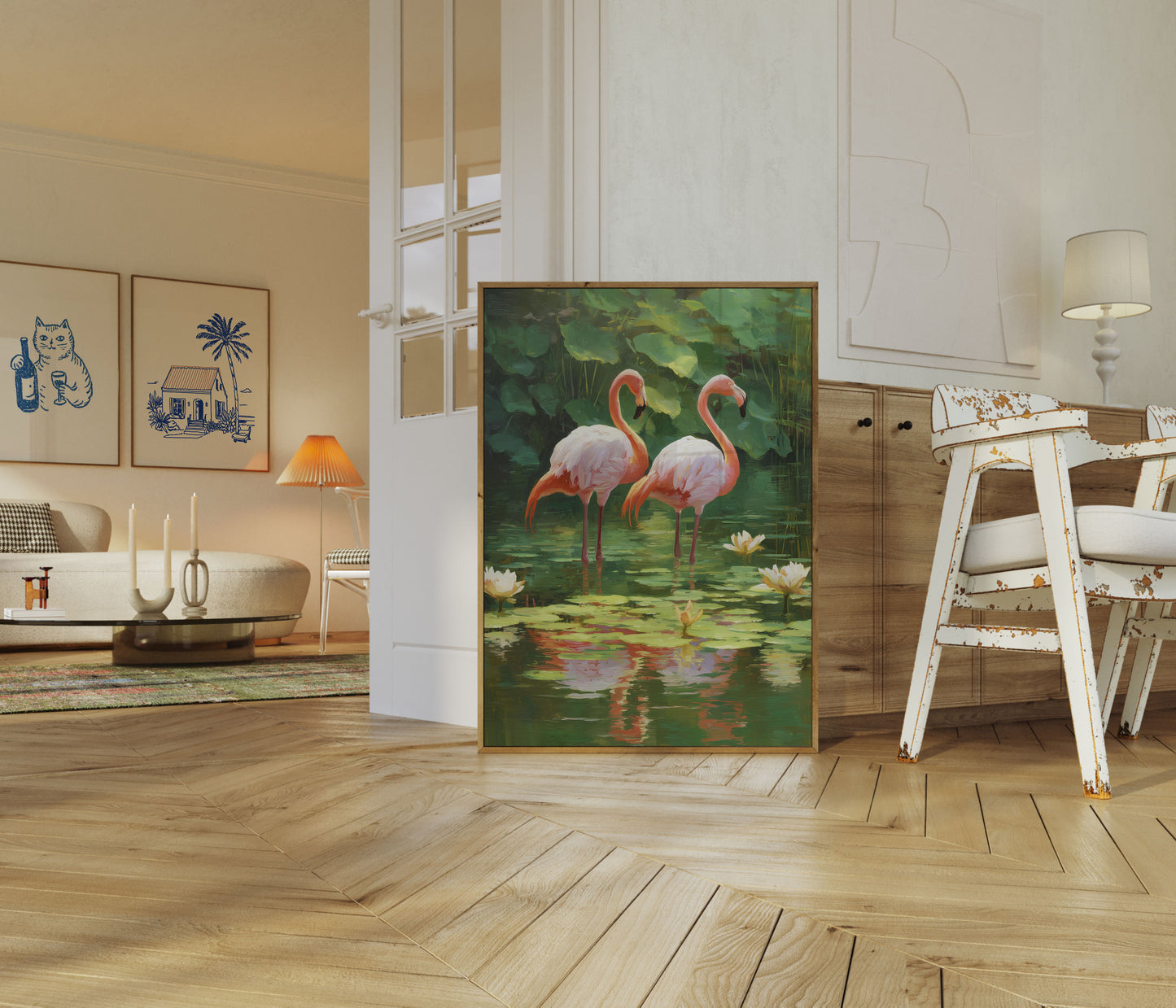 Elegante Flamingo's Waterlelie Poster