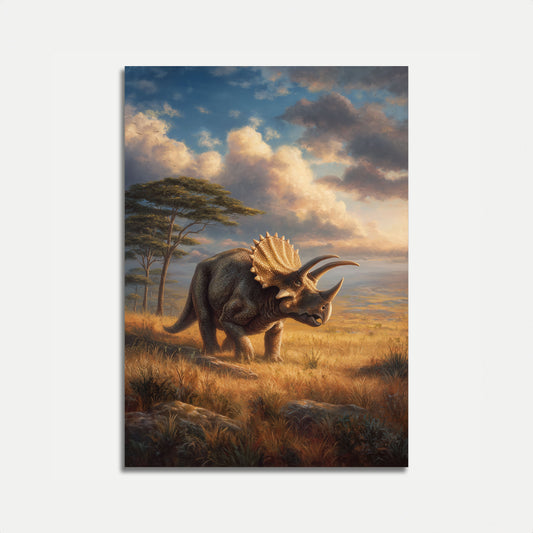 Póster del triceratops prehistórico de las llanuras africanas