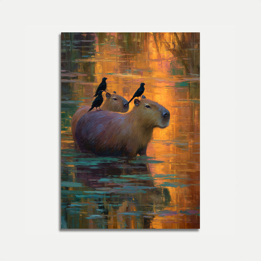 Poster Capibara e Uccelli Ora Dorata