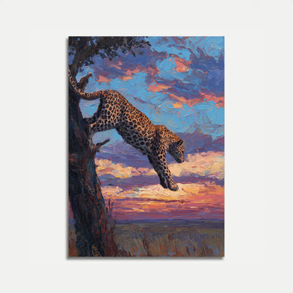 Luipaard klimt boom bij zonsondergang poster