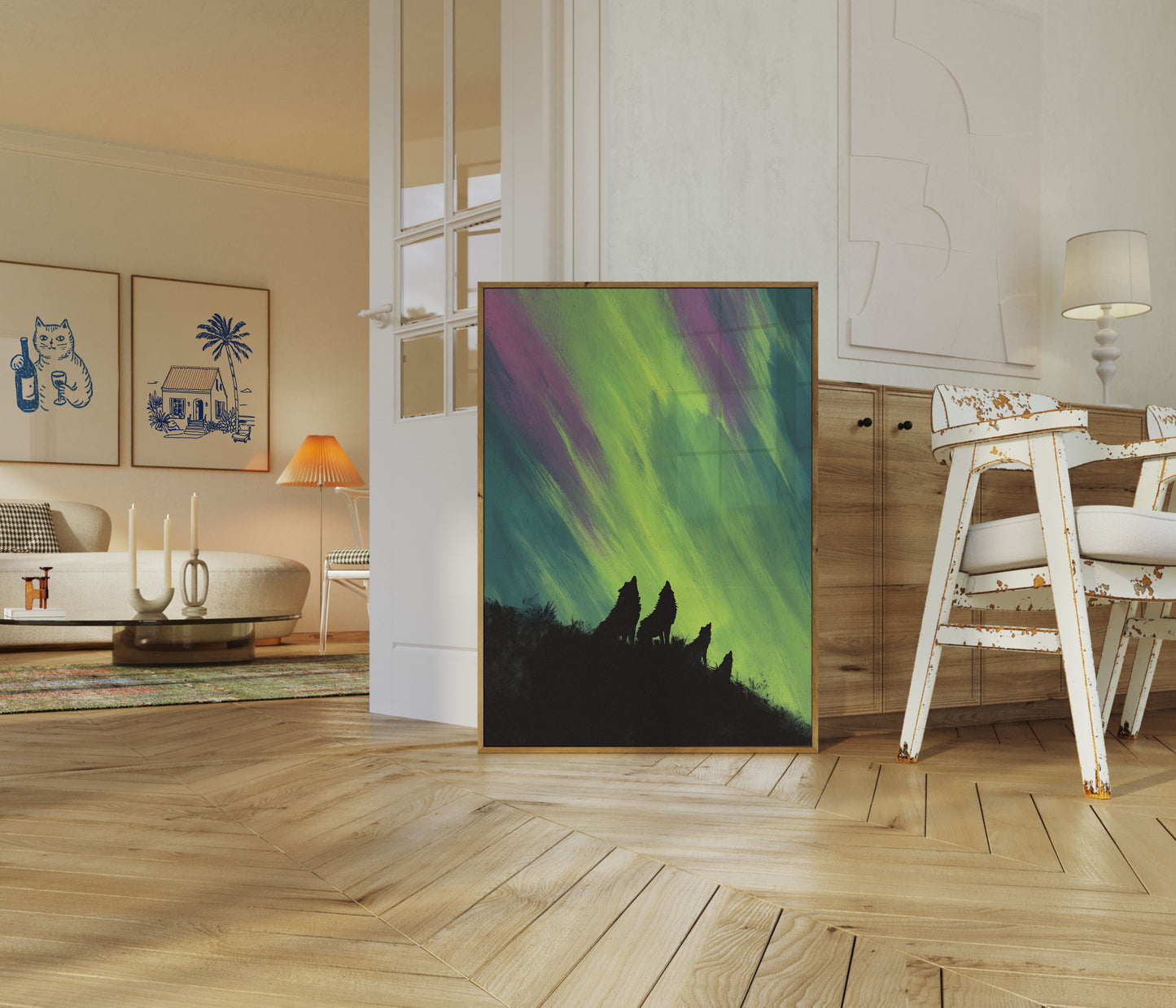 Wolves Howling Northern Lights Poster
