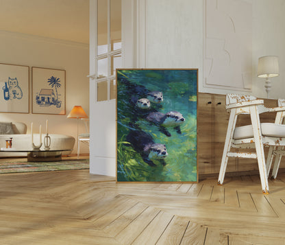 Otters Swimming in Emerald Waters Poster