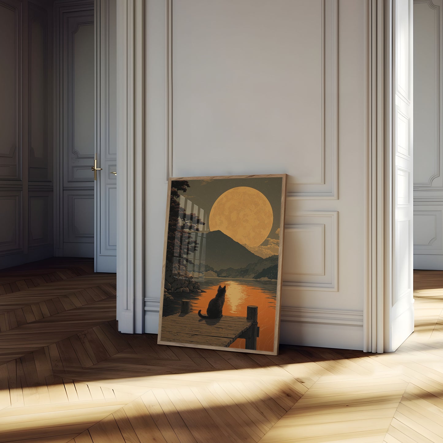 Cartel de Gato Mirando la Luna Gigante