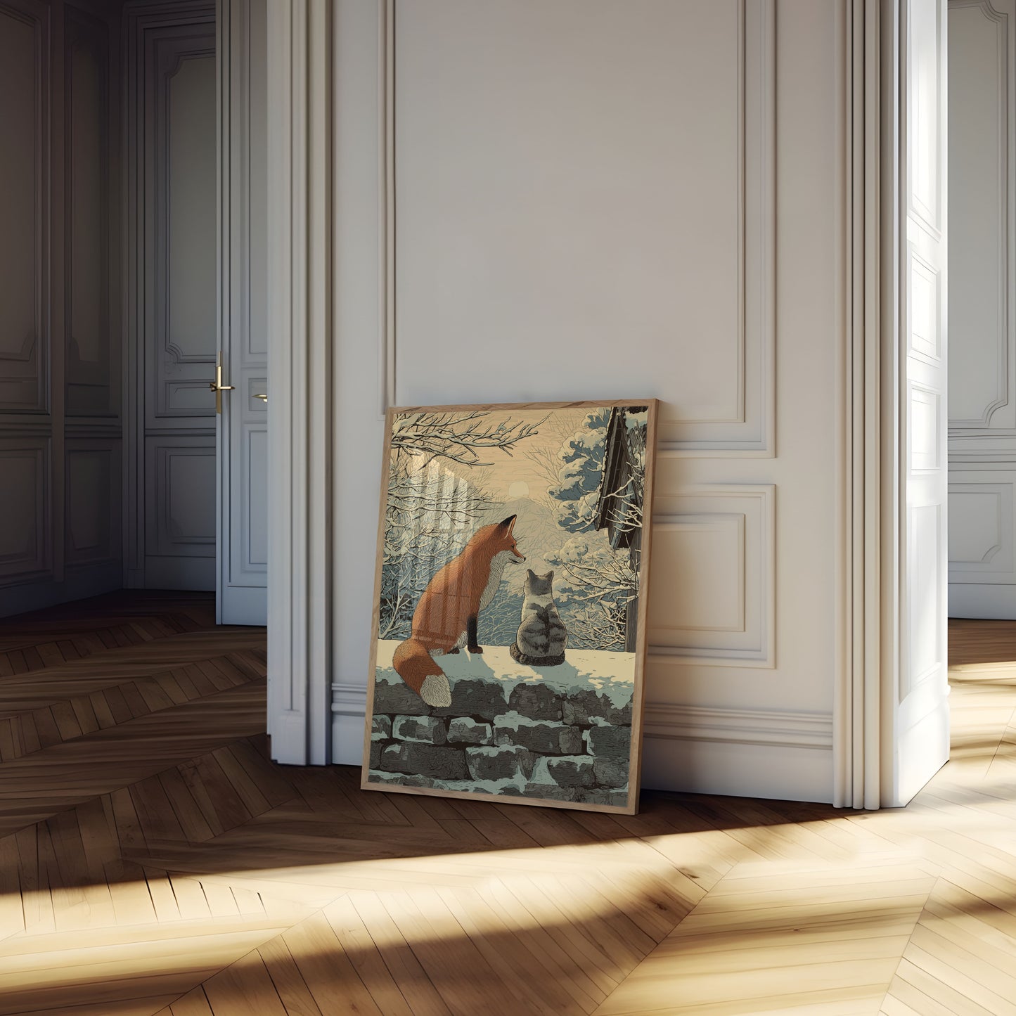 Fox and Cat Winter Friendship Poster